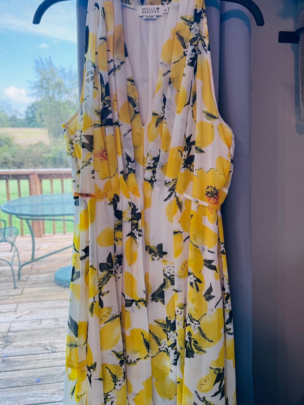 Molly Bracken White and Yellow Lemon-Print Maxi Wrap Dress